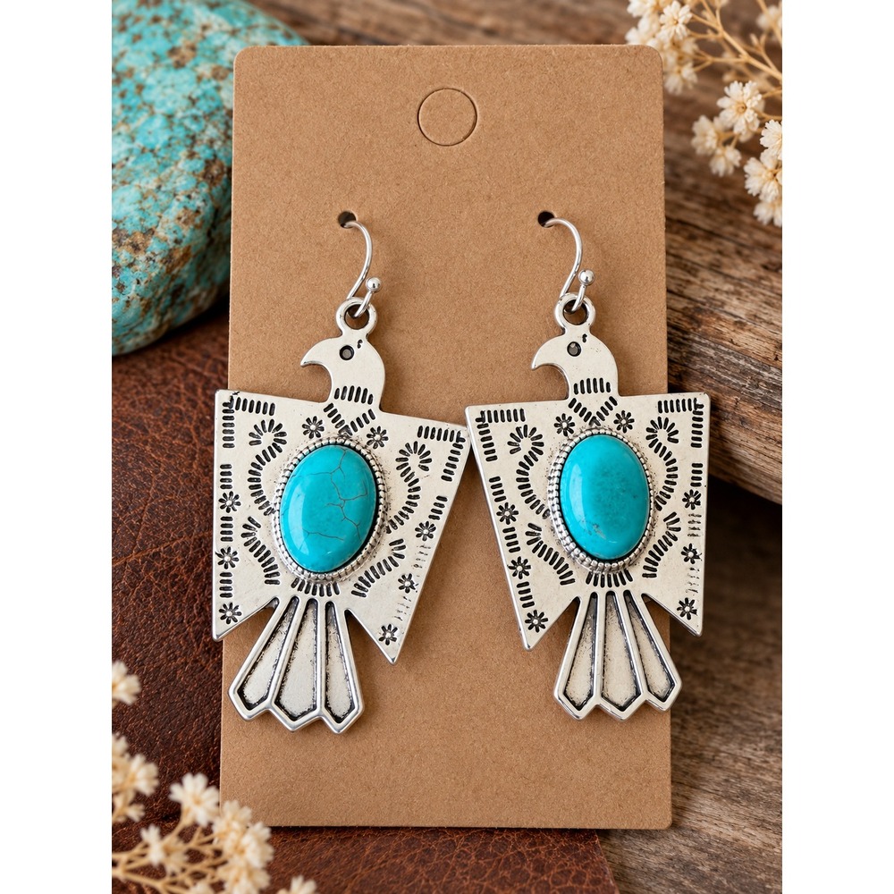 Turquoise Thunderbird Earrings Silver Tone Southwestern Western Statement